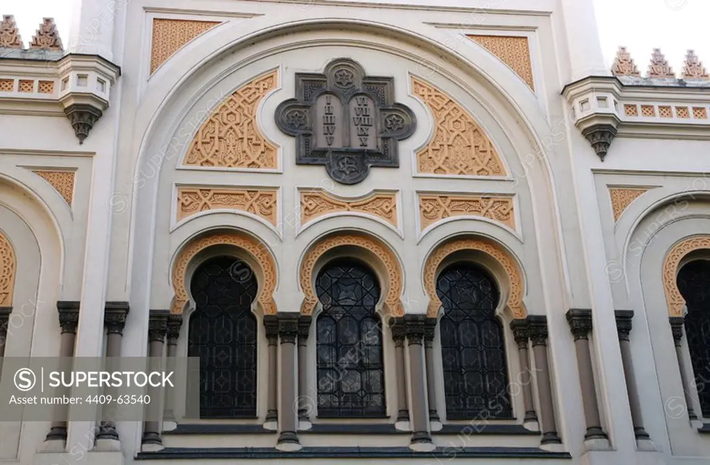 Czech Republic. Prague. Jewish Town. Spanish Synagogue. Built in Moorish Revival style by architects, Josef Niklas (1817-1877) and Ignac Ullmann (1822-1897) between 1868-1893. Rebuilt in 1990. Detail of the facade.