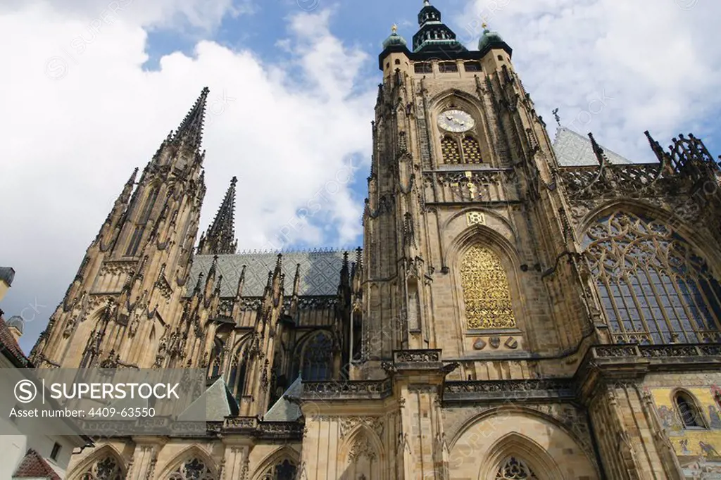 Czech Republic. Prague. St. Vitus Cathedral. Gothic style, 14th century. Main Tower, built by Peter Parler (1333-1399). Castle complex. Hradcany district.