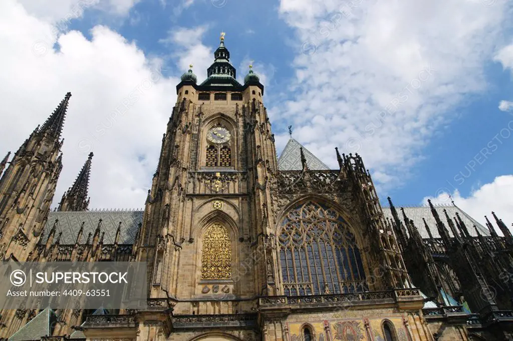 Czech Republic. Prague. St. Vitus Cathedral. Gothic style, 14th century. Main Tower, built by Peter Parler (1333-1399). Architectural detail. Castle complex. Hradcany district.