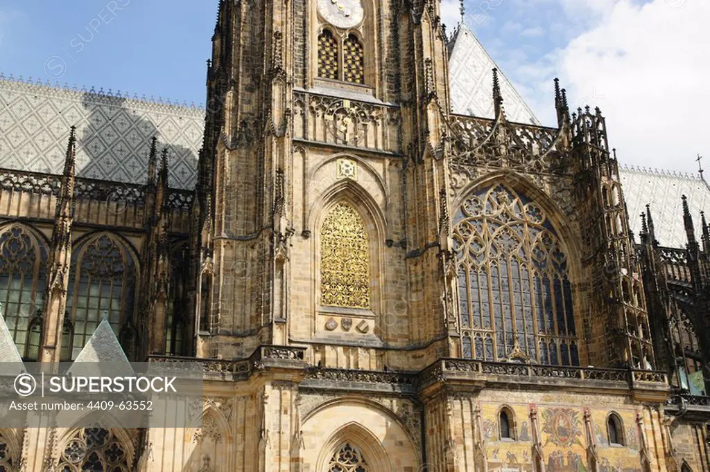 Czech Republic. Prague. St. Vitus Cathedral. Gothic style, 14th century. Main Tower, built by Peter Parler (1333-1399). Architectural detail of the window. Castle complex. Hradcany district.