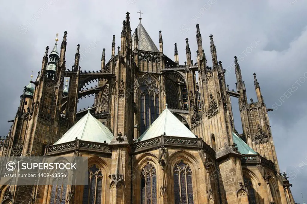 Czech Republic. Prague. St. Vitus Cathedral. Gothic style, 14th century. View of the exterior of the apse, with its flying buttresses and pinnacles. Architectural detail. Castle complex. Hradcany district.