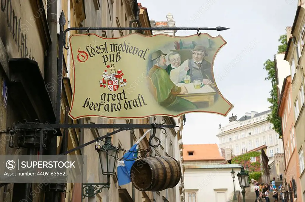 Czech Republic. Prague. Cartel announcing a traditional tavern with beer barrel hanging. Small Town (Mala Strana).