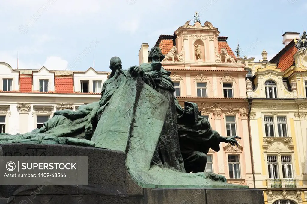 Czech Republic. Prague. Old Town Square. Jan Hus Memorial, reformer and redecessor to Protestatism (1369-1415). Sculptural group designed by Ladislav Saloun (1870-1946), 1901-1915. Detail. Art Nouveau period.