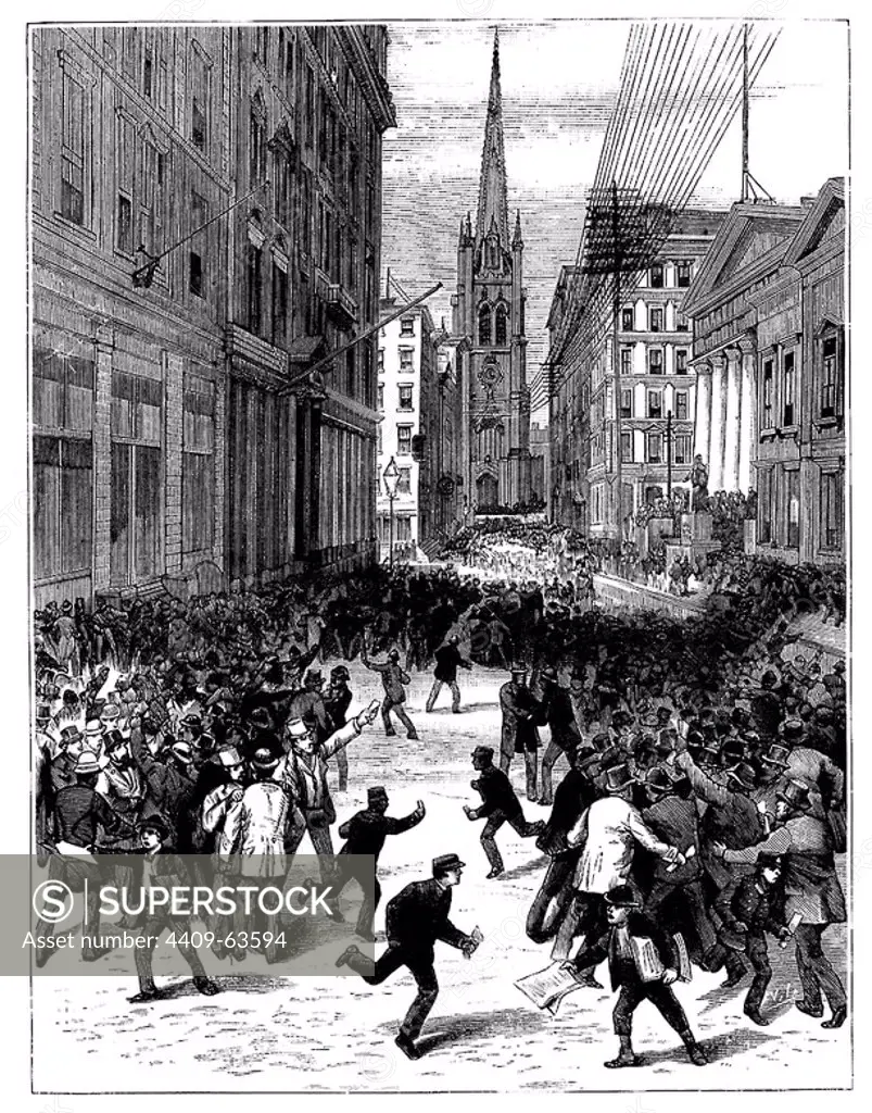 Nueva York. La crisis financiera. Aspecto de Wall Street en los momentos de pánico. 14 Mayo de 1884.