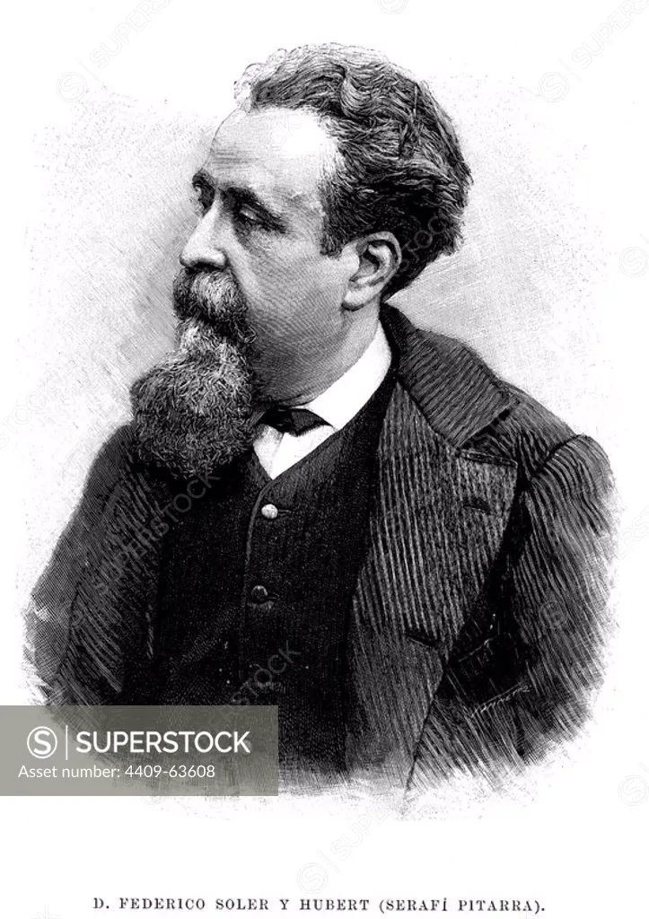 Frederic Soler Hubert "Serafí Pitarra" (1839-1895). Poeta, dramaturgo y literato catán. Grabado de 1895.