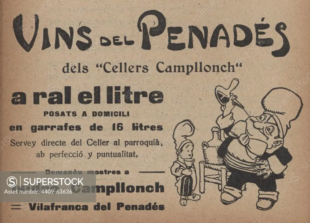Publicidad de un taco de calendario Cucut de 1909. Dibujos de Gaietà Cornet Palau (1878-1945). Vins del Penadés, Vilafranca.