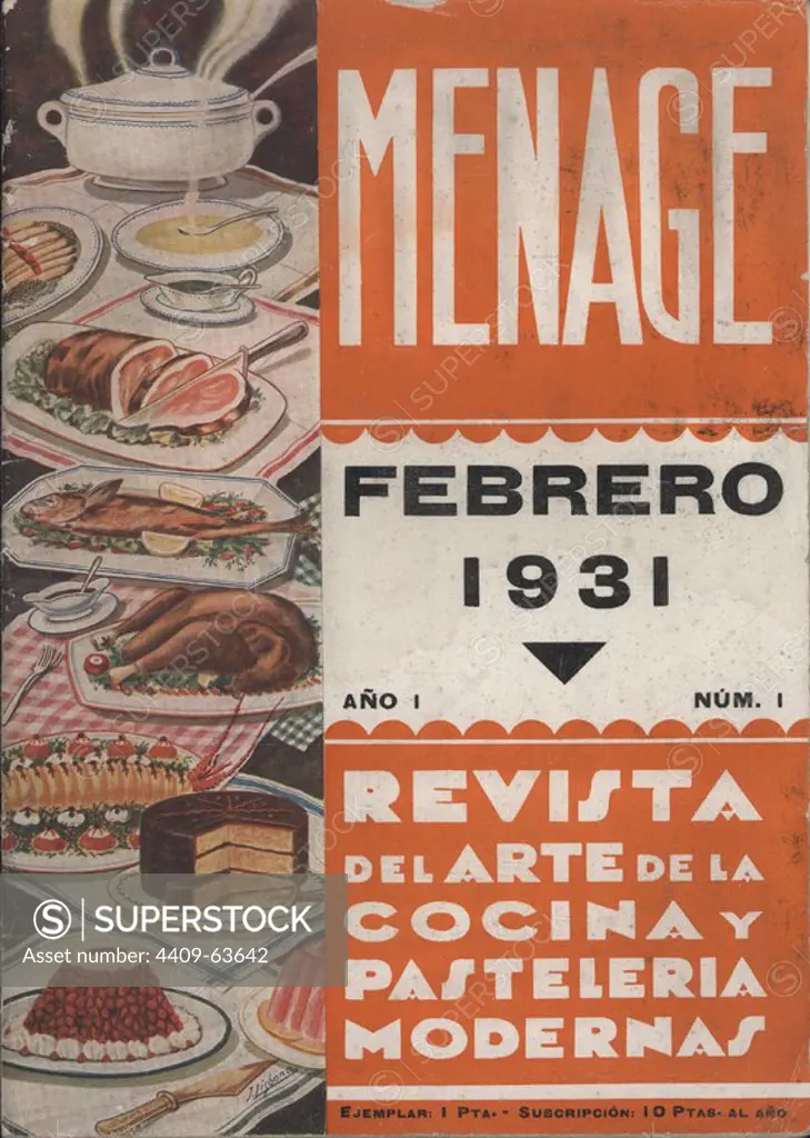 Revista Menage. Año I, número 1, febrero de 1931. Cocina y pastelería. Barcelona,.