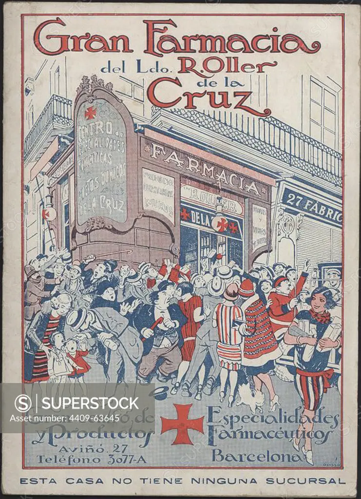 Advertising. Great Pharmacy R. Oller de la Cruz. Drawing by Ricardo Opisso. Barcelona, year 1925.