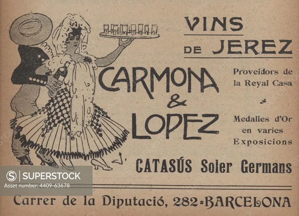 Publicidad de un taco de calendario Cucut de 1909. Dibujos de Joan Junceda (1881-1948). Vinos de Jerez.