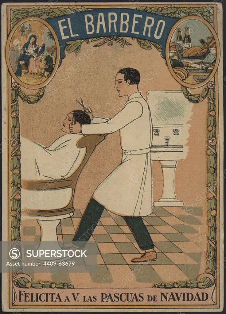 Publicidad. Felicitación navideña de oficios. El Barbero, años 1915.