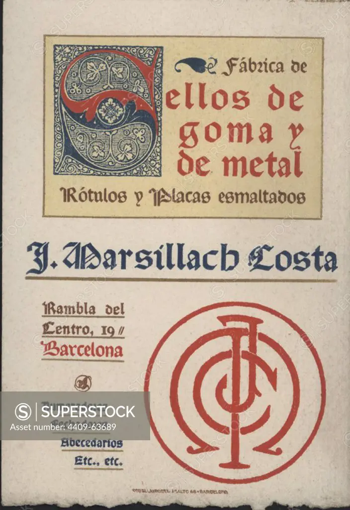 Publicidad de la fábrica de sellos de goma J. Marsillach Costa. Barcelona, años 1910.