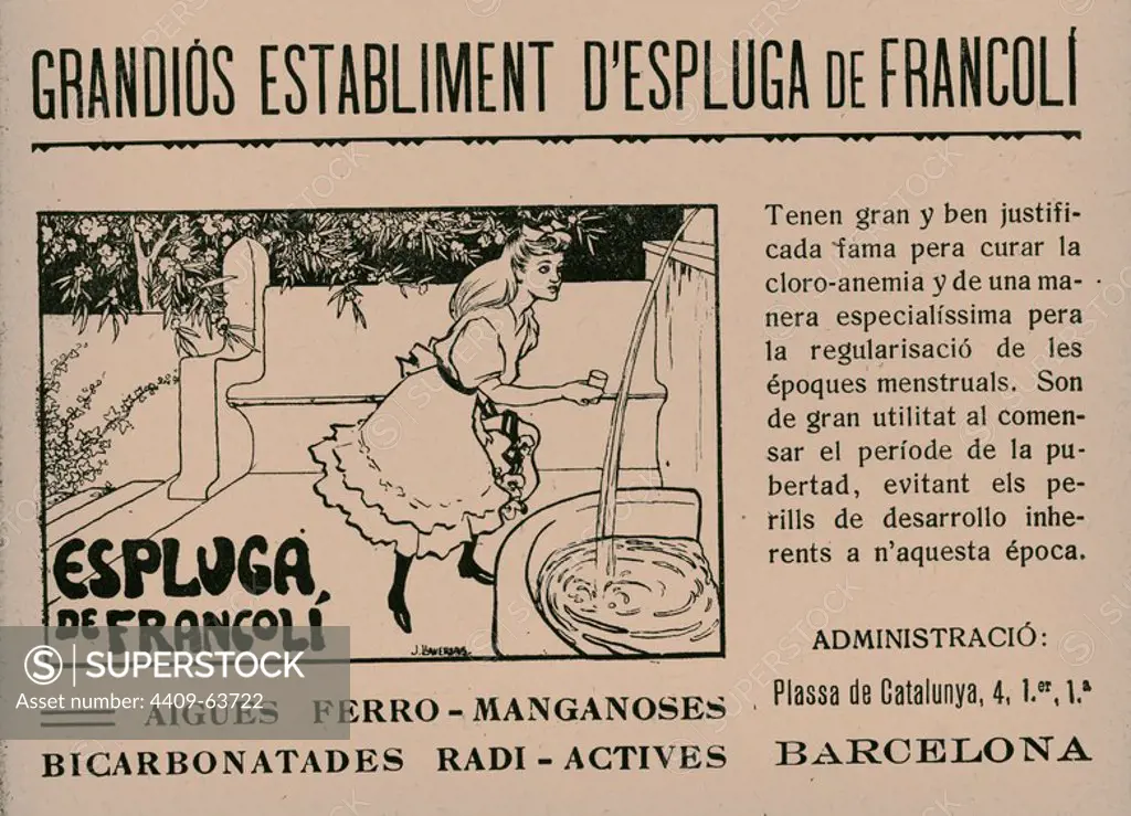 Publicidad de un taco de calendario Cucut de 1909. Dibujos de Joan Llaverías (1865-1938). Balneario de l'Espluga de Francolí.