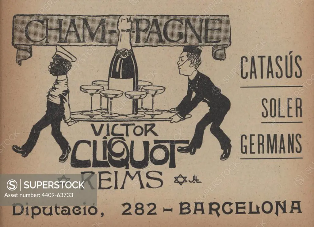 Publicidad de un taco de calendario Cucut de 1909. Dibujos de Joan Llaverías (1865-1938). Champagne Victor Cliquot, de Reims.