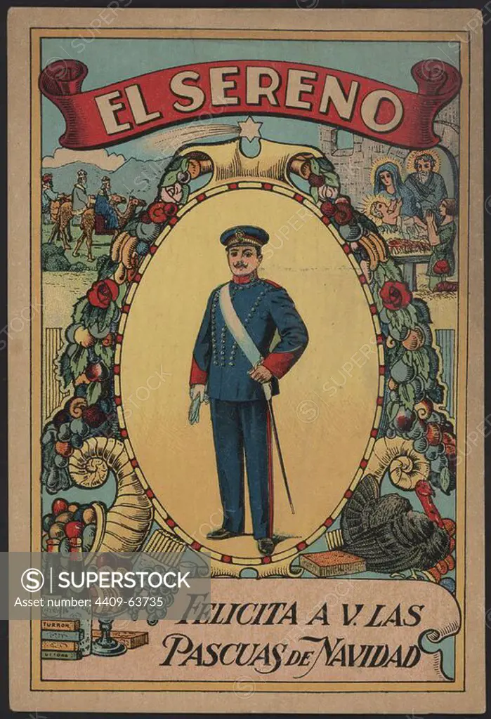 España. Felicitación de Navidad de oficios. El sereno. Año 1915.