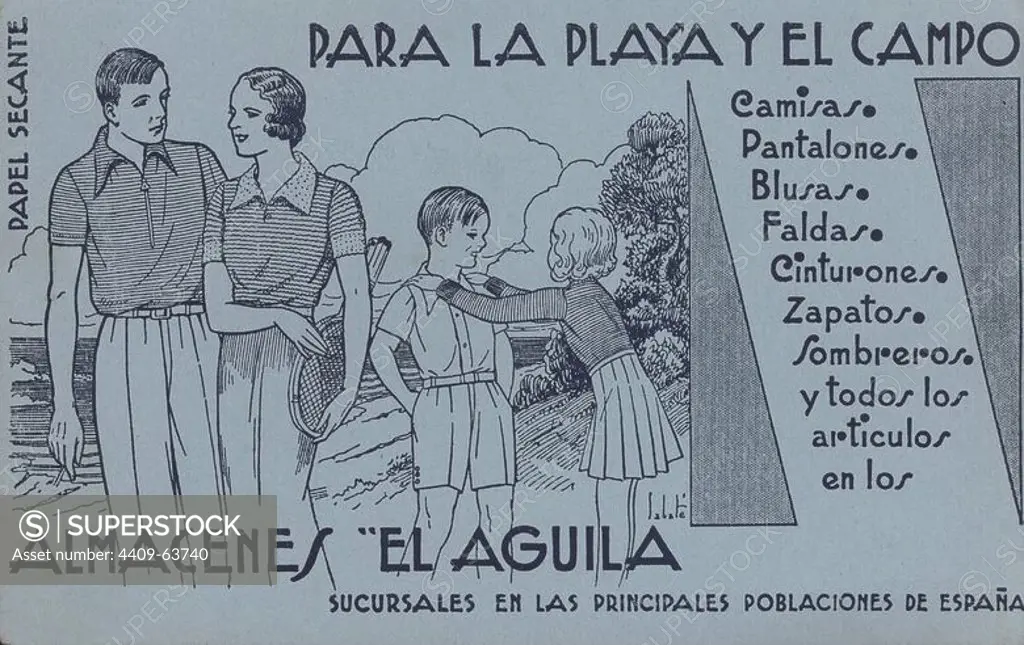 Publicidad de Almacenes El Aguila en una hoja de papel secante. Barcelona, años 1950.