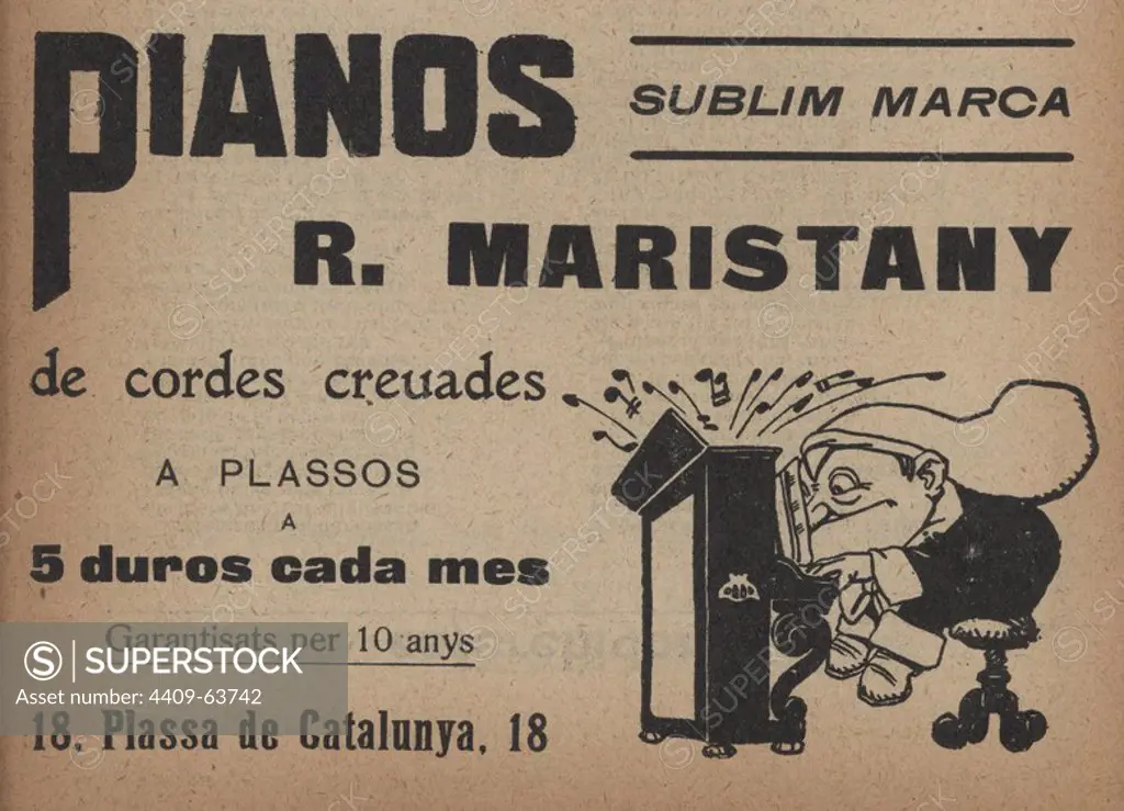 Publicidad de un taco de calendario Cucut de 1909. Dibujos de Gaietà Cornet Palau (1878-1945). Pianos R. Maristany. Barcelona.
