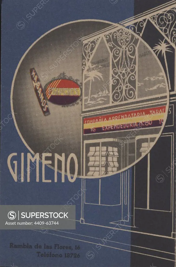 Publicidad. Expendeduría de tabacos Gimeno, de las Ramblas, en Barcelona. Año 1931.