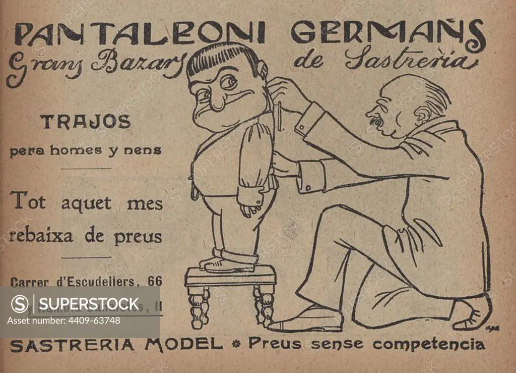 Publicidad de un taco de calendario Cucut de 1909. Dibujos de Gaietà Cornet Palau (1878-1945). Bazar y Sastreria Pantaleoni Germans, Barcelona.