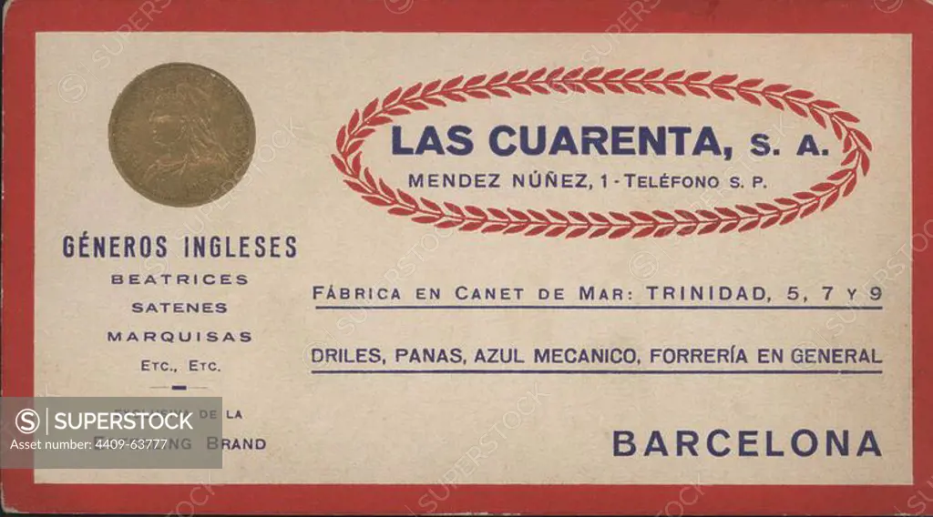 Publicidad. Géneros ingleses Las Cuarenta S.A. Barcelona, años 1920.