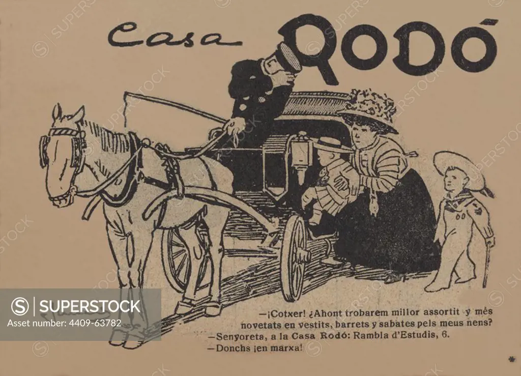 Publicidad de un taco de calendario Cucut de 1909. Dibujos de Joan Junceda. Zapatería y Sombrerería Casa Rodó, Barcelona.