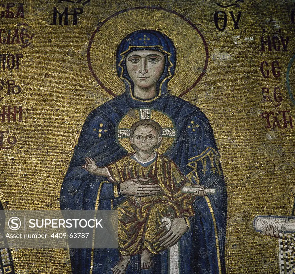 Turkey. Istambul. Hagia Sofia. Byzantine mosaic. Virgin Mother holding the Christ Child. Ca, 1118. 12th century. Detail of the mosaic with emperor John II Comnemus, Virgin Mary with the Child Jesus and the empress Irene. Southern gallery.