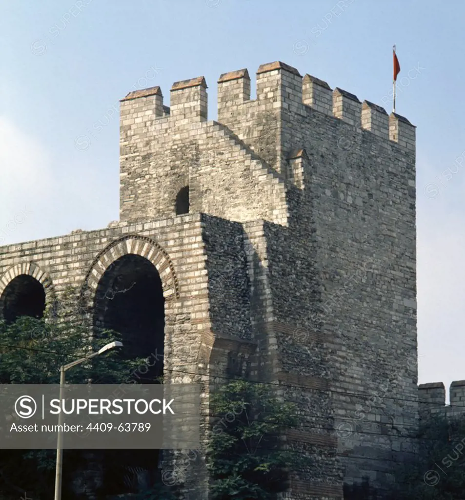 Turkey. Istambul. The Cannon Gate. One gate of the walls , which was important during the siege in 1453, where Hungarian engineer placed the cannon that eventually demolished this section of the wall. This is also where the last Byzantine emperor Constantine XI Dragases died.
