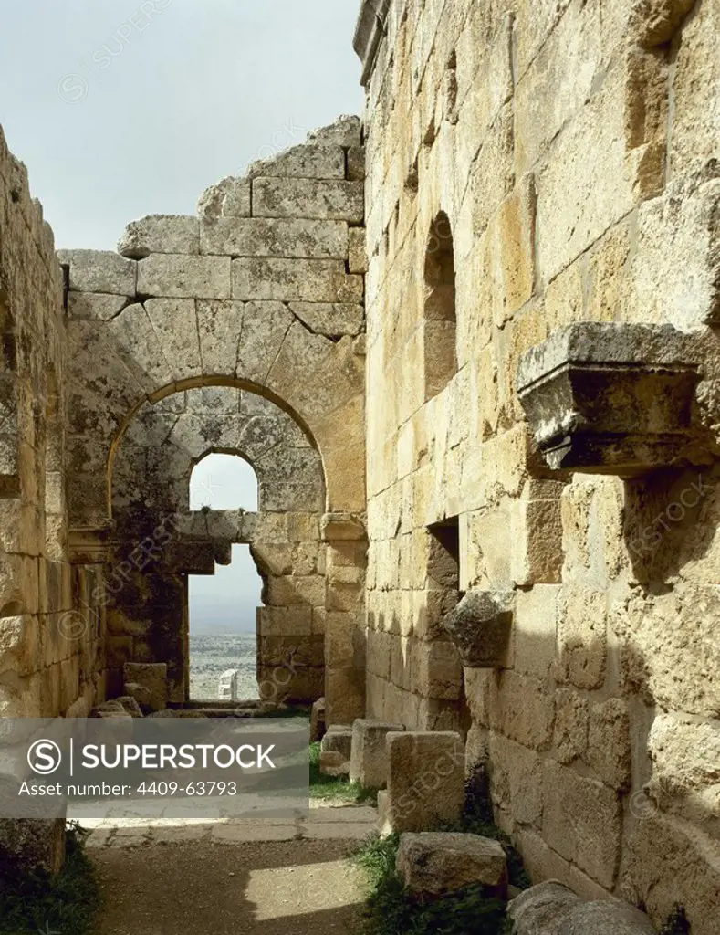 Church of St Simeon Stylites, 475. It was built on the site of the pillar of St. Simeon. Architectural detail of the chapel and the inn, near the hill. Aleppo. Syria. Historical photography (before Syrian Civil War).