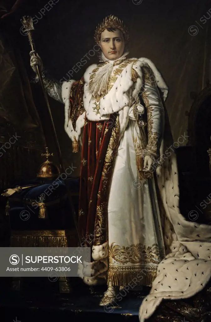 Napoleon Bonaparte (1769-1821). French emperor from 1804 to 1814. Portrait of Emperor Napoleon I in coronation robes, 1805. Painting by by Baron Francois Gerard, 1805. German Historical Museum, Berlin. Germany.