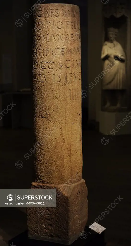 Provincial Roman milestone from the times of the emperor Caracalla. New red sandstone. Milestones noted the travelling distance in miles, or, as here, in Gallic leagues (2,2 km) to the next major provincial town. 213-217. Badisches Landesmuseum Karlsruhe. Germany.
