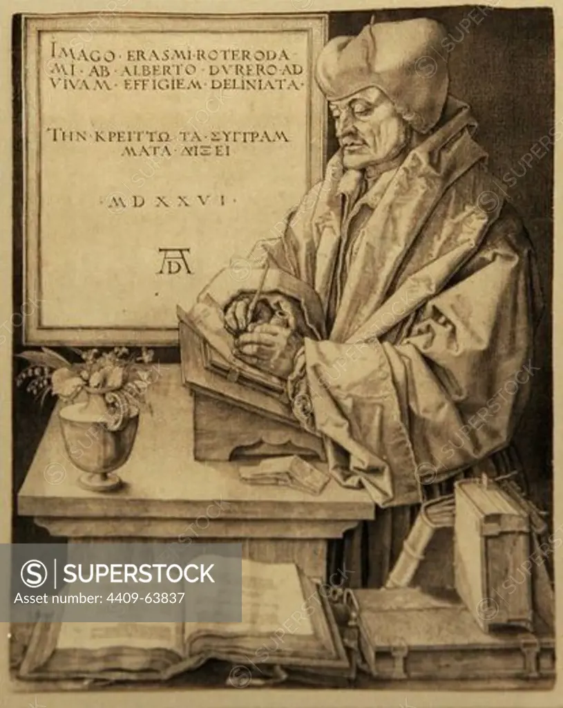 Erasmus of Rotterdam (1466-1536). Dutch humanist. Burin engraving by Albrecht Durer (1471-1528), 1526.