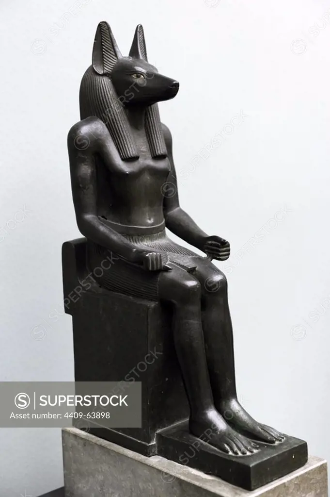 Statue of the jackal-headed god Anubis. Bronze. Probably 26th Dynasty. Ancient Empire. 664-525 BC. Ny Carlsberg Glyptotek. Copenhagen. Denmark.