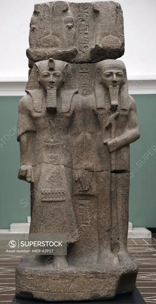 Sculpture of Pharaoh Ramesses II and the God Ptah. Granite. From Temple of Ptah, Memphis. Reign of Ramesses II. C. 1290-1224 BC. 19th Dynasty. New Kingdom. Ny Carlsberg Glyptotek. Copenhagen. Denmark.