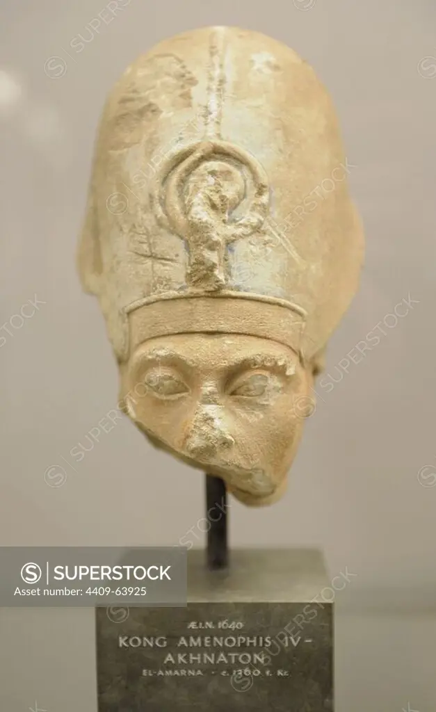 Head from an statue of pharaoh Akhenaten. From el-Amarna, Egypt. C. 1360 BC. Ny Carlsberg Glyptotek. Copenhagen. Denmark.