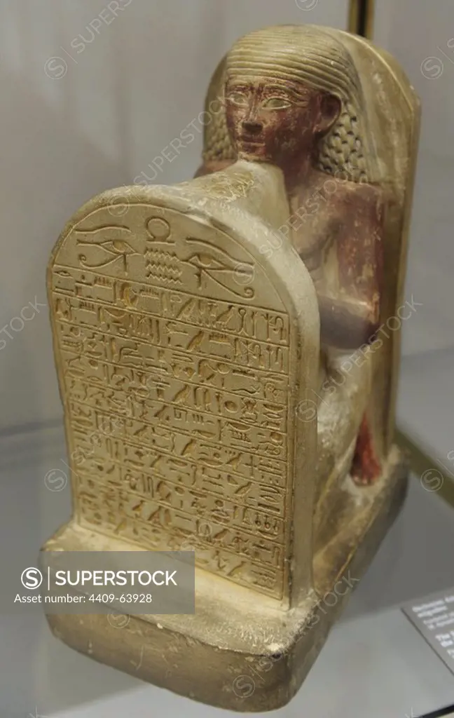 The scribe Amenophis worshipping the Sun-God. Limestone. Origin unknown. 18th dynasty. New Kingdom. C. 1490-1400 BC.