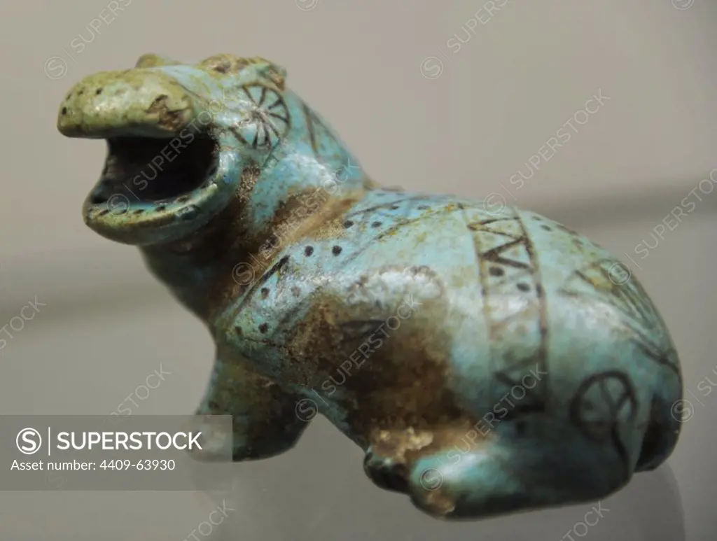 Roaring hippopotamus. Egyptian faience. Origin unknown. 12th-17th Dynasties. C. 1990-1550 BC. Ny Carlsberg Glyptotek. Copenhagen, Denmark.