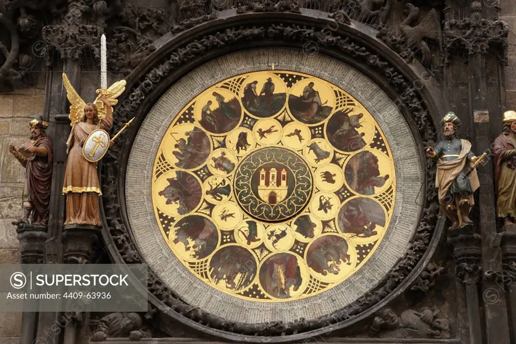 The Prague Astronomical Clock or Prague Orloj mounted on the southern wall of Old Town City Hall in the Old Town Square.The calendar, added to the clock in 1870. The twelve medallions represent the twelve months of the year made by Czech painter Josef Manes (1820-1871). Czech Republic.