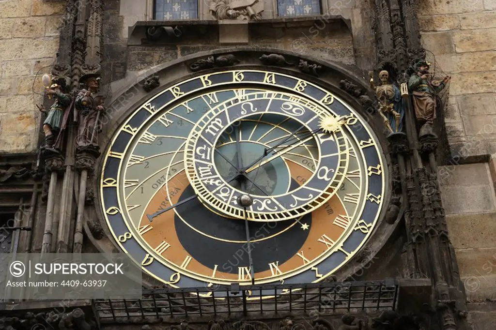 The Prague Astronomical Clock or Prague Orloj mounted on the southern wall of Old Town City Hall in the Old Town Square. Astronomical dial. Czech Republic.