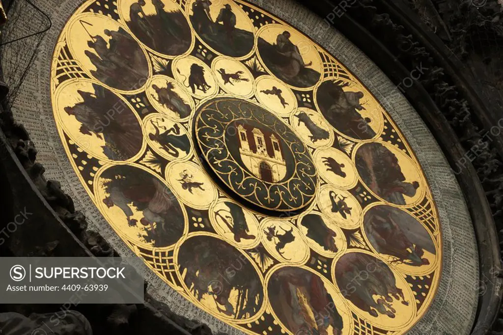The Prague Astronomical Clock or Prague Orloj mounted on the southern wall of Old Town City Hall in the Old Town Square.The calendar, added to the clock in 1870. The twelve medallions represent the twelve months of the year made by Czech painter Josef Manes (1820-1871). Czech Republic.