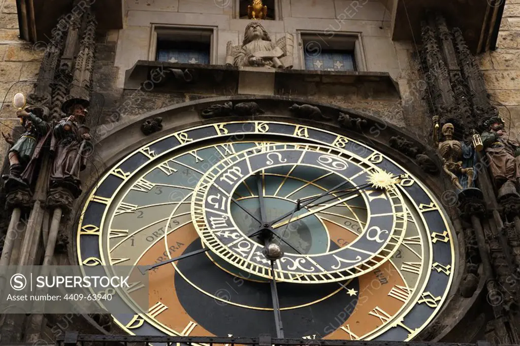 The Prague Astronomical Clock or Prague Orloj mounted on the southern wall of Old Town City Hall in the Old Town Square. Astronomical dial. Czech Republic.