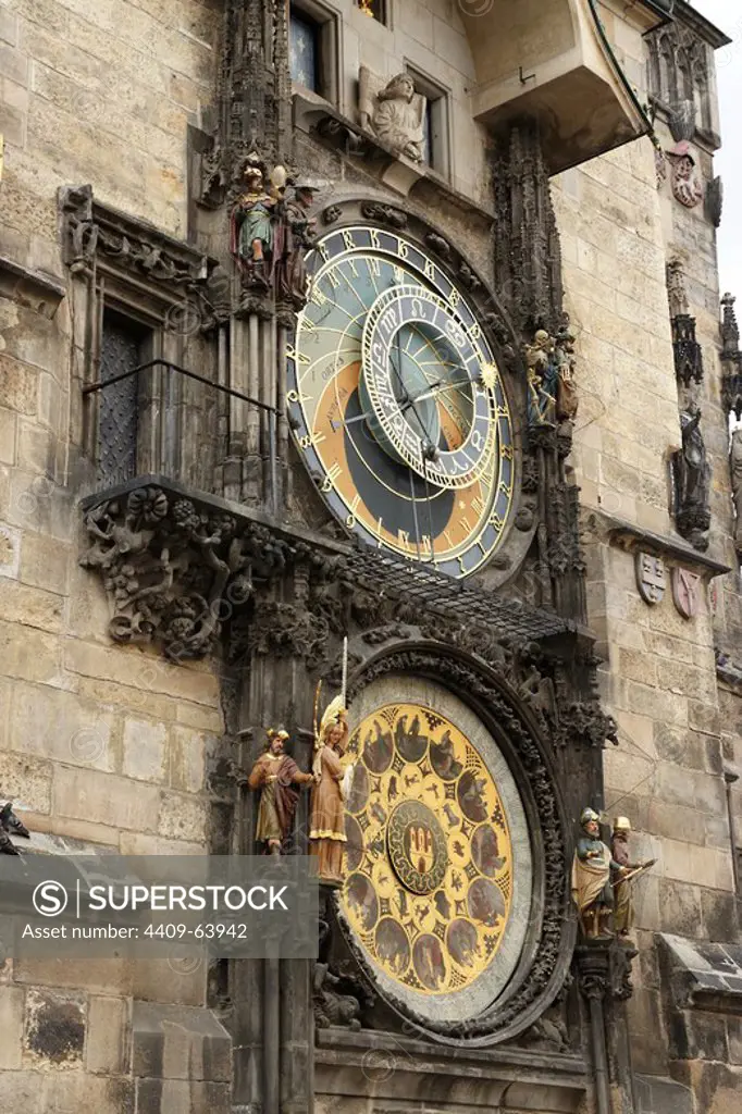 The Prague Astronomical Clock or Prague Orloj mounted on the southern wall of Old Town City Hall in the Old Town Square. Clock, calendar, and animated figures.. Czech Republic.
