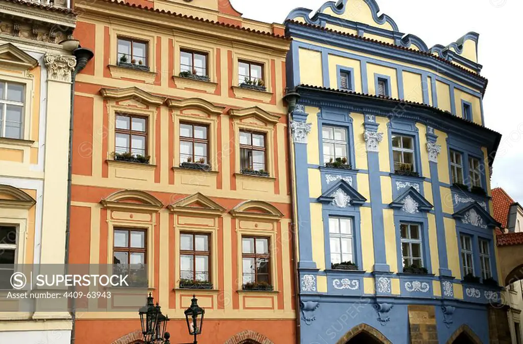 Czech Republic. Prague. The southern facades typical of the Old Town Square. Old Town area.