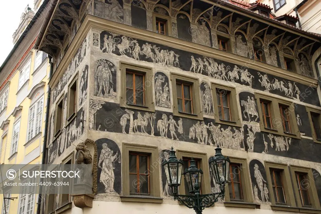 Czech Republic. Prague. The House at the Minute (Dum u Minuty). Old Town Square. It's a high-Renaissance house, adorned with a sgraffito facade. Built at late 15th century.