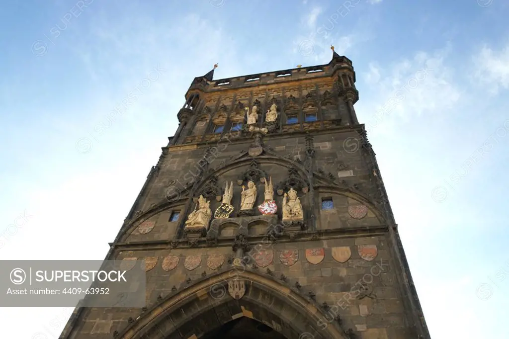 Czech Republic. Prague. Old Town Bridge Tower. Gothic building designed by Petr Parler as an ornament for the Charles Bridge.