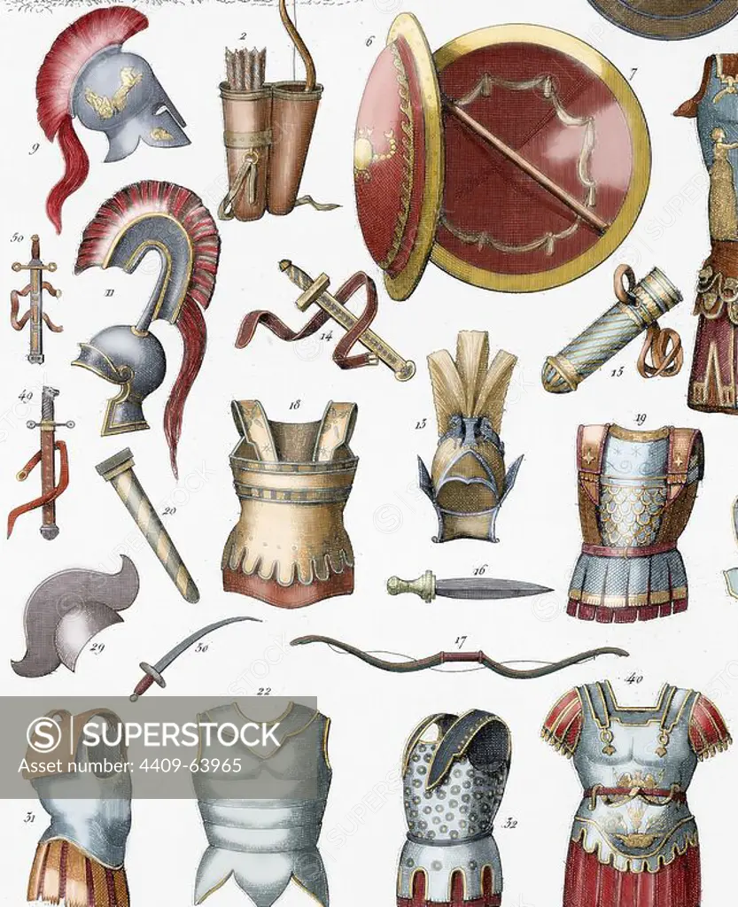 Roman army. Armors and weaponry. Colored engraving. 19th century.