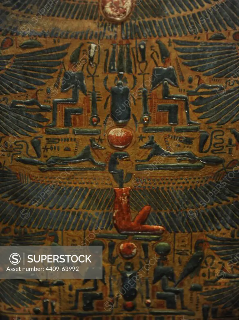 Coffin of Khonsu-hotep. Painted wood. 21st-22nd Dynasty. C. 950-900 B.C. Third Intermediate Period. Detail depicting Nut (goddess of heaven, creator of the universe), with outspread wings embracing the deceased. This is the typical iconography of the interior or lid of the sarcophagus. Carlsberg Glyptotek Museum. Copenhagen. Denmark.