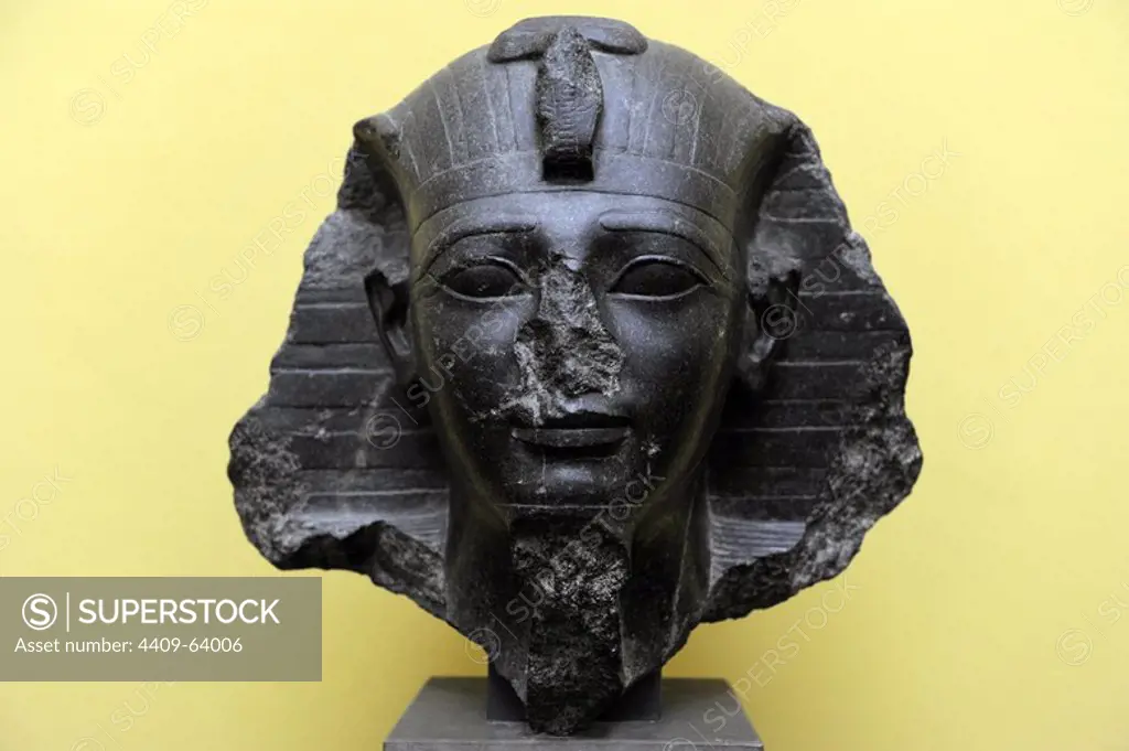 Amenhotep II or Amenophis II. Seventh Pharaoh of the 18th dynasty of Egypt. His reign is usually dated from 1427 to 1401 BC. New Kingdom. Bust. Diorite. C. 1439-1413 B.C. Carlsberg Glyptotek Museum. Copenhagen. Denmark.