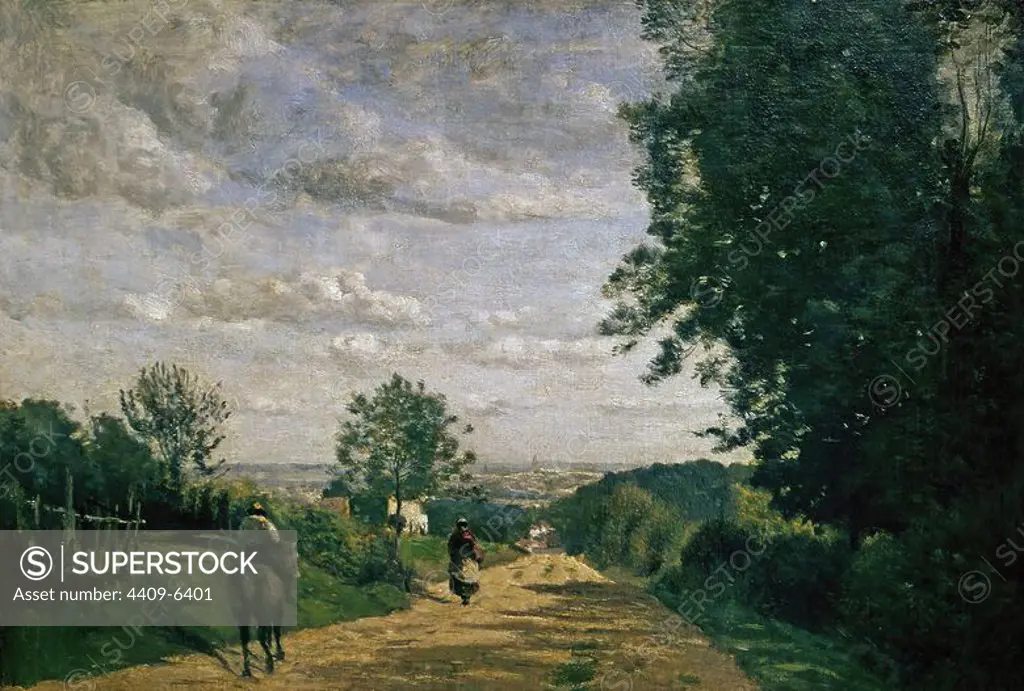 The Road to Sevres - 1858/59 - 34x49 cm - oil on canvas. Author: JEAN BAPTISTE CAMILE COROT. Location: LOUVRE MUSEUM-PAINTINGS. France.