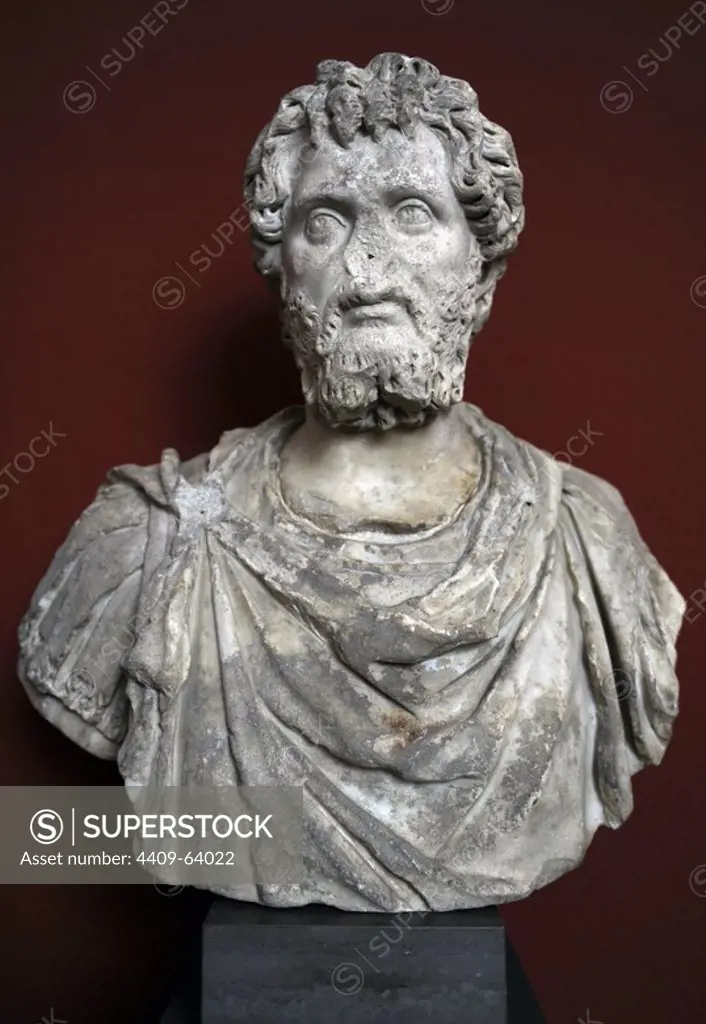 Septimius Severus (145-211). Roman Emperor from 193 to 211. Bust. Marble. Dates c. 200-210 A.D. From Albano, near Rome. Carlsberg Glyptotek Museum. Copenhagen. Denmark.