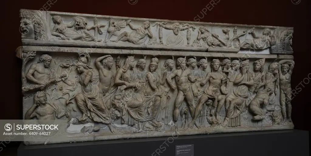 Roman Art. Sarcophagus with Marsyas and Apollo. Marble. From Sidon, Lebanon. C. 200-210 A.C. Carlsberg Glyptotek Museum. Copenhagen. Denmark.