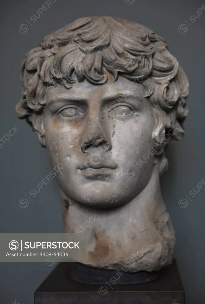 Antinous (110-130). Member of the Roman Emperor Hadrian's entourage, to whom he was beloved. Bust. Marble. Dated c. 130. Carlsberg Glyptotek Museum. Copenhagen. Denmark.